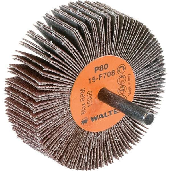 WALTER Surface Technologies - 3" Diam x 1" Face Width, Medium Aluminum Oxide Coated Mounted Flap Wheel - 1/4" Shank Mount, 80 Grit, Cloth Backing, 15,000 Max RPM - Apex Tool & Supply