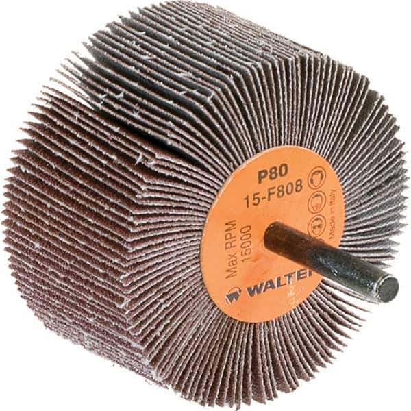 WALTER Surface Technologies - 3" Diam x 1-1/2" Face Width, Medium Aluminum Oxide Coated Mounted Flap Wheel - 1/4" Shank Mount, 80 Grit, Cloth Backing, 15,000 Max RPM - Apex Tool & Supply