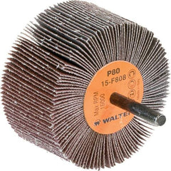 WALTER Surface Technologies - 3" Diam x 1-1/2" Face Width, Medium Aluminum Oxide Coated Mounted Flap Wheel - 1/4" Shank Mount, 80 Grit, Cloth Backing, 15,000 Max RPM - Apex Tool & Supply