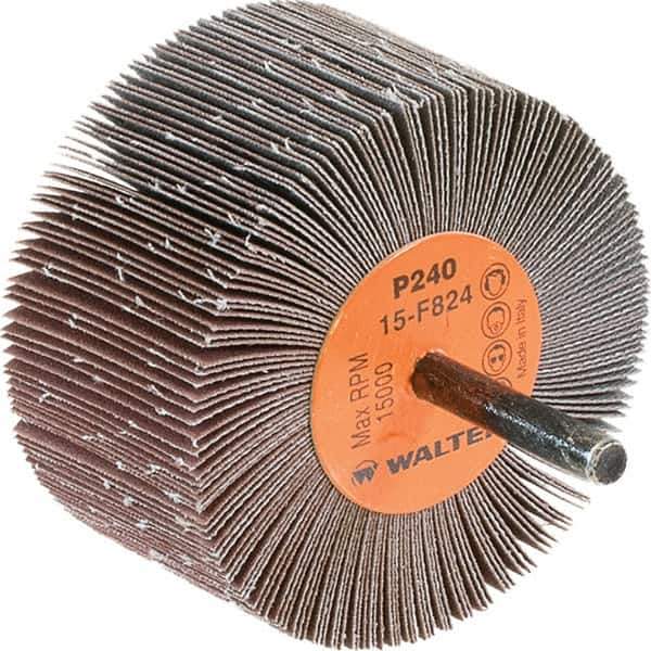 WALTER Surface Technologies - 3" Diam x 1-1/2" Face Width, Very Fine Aluminum Oxide Coated Mounted Flap Wheel - 1/4" Shank Mount, 240 Grit, Cloth Backing, 15,000 Max RPM - Apex Tool & Supply