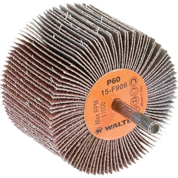 WALTER Surface Technologies - 3" Diam x 2" Face Width, Medium Aluminum Oxide Coated Mounted Flap Wheel - 1/4" Shank Mount, 60 Grit, Cloth Backing, 11,000 Max RPM - Apex Tool & Supply