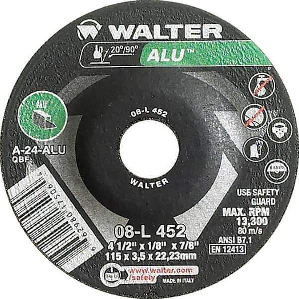 WALTER Surface Technologies - 24 Grit, 4-1/2" Wheel Diam, 1/8" Wheel Thickness, 7/8" Arbor Hole, Type 27 Depressed Center Wheel - Aluminum Oxide, Resinoid Bond, 13,300 Max RPM - Apex Tool & Supply
