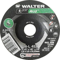 WALTER Surface Technologies - 24 Grit, 4-1/2" Wheel Diam, 1/8" Wheel Thickness, 7/8" Arbor Hole, Type 27 Depressed Center Wheel - Aluminum Oxide, Resinoid Bond, 13,300 Max RPM - Apex Tool & Supply