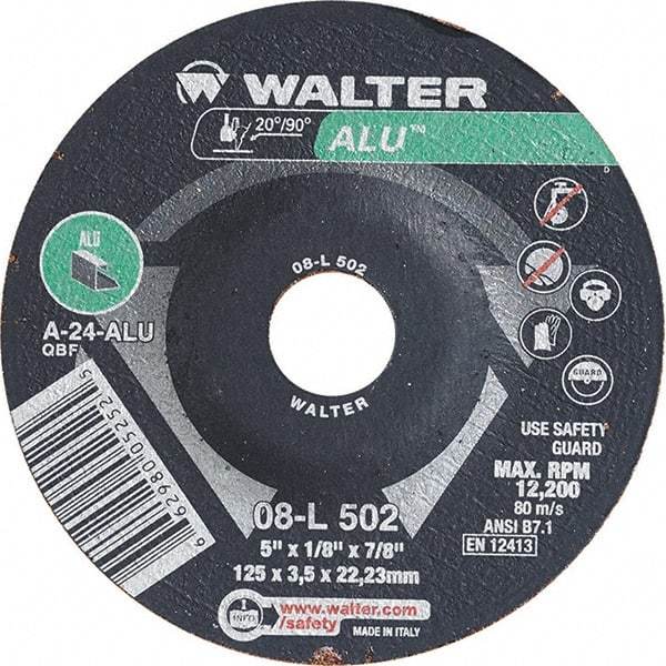 WALTER Surface Technologies - 24 Grit, 5" Wheel Diam, 1/8" Wheel Thickness, 7/8" Arbor Hole, Type 27 Depressed Center Wheel - Aluminum Oxide, Resinoid Bond, 12,200 Max RPM - Apex Tool & Supply