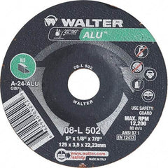 WALTER Surface Technologies - 24 Grit, 5" Wheel Diam, 1/8" Wheel Thickness, 7/8" Arbor Hole, Type 27 Depressed Center Wheel - Aluminum Oxide, Resinoid Bond, 12,200 Max RPM - Apex Tool & Supply