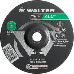 WALTER Surface Technologies - 24 Grit, 7" Wheel Diam, 1/4" Wheel Thickness, 7/8" Arbor Hole, Type 27 Depressed Center Wheel - Aluminum Oxide, Resinoid Bond, 8,600 Max RPM - Apex Tool & Supply
