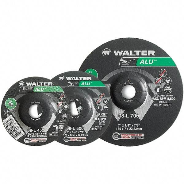 WALTER Surface Technologies - 24 Grit, 7" Wheel Diam, 1/4" Wheel Thickness, Type 27 Depressed Center Wheel - Aluminum Oxide, Resinoid Bond, 8,600 Max RPM - Apex Tool & Supply
