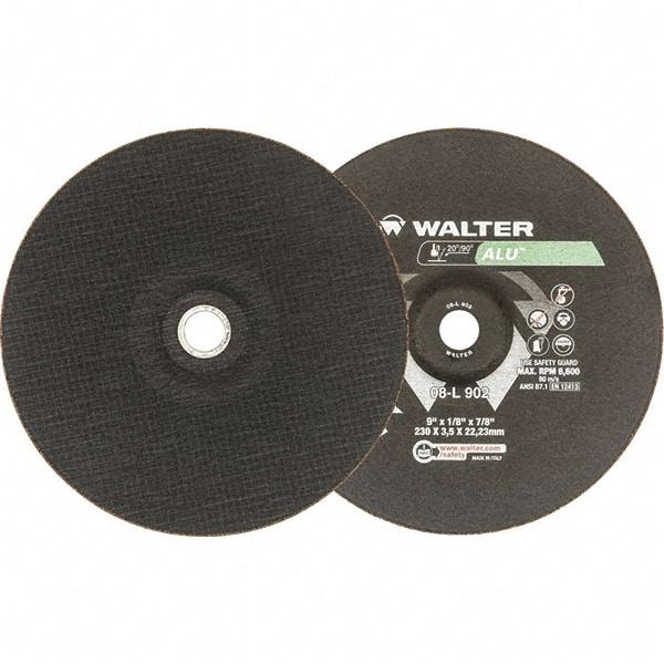 WALTER Surface Technologies - 24 Grit, 9" Wheel Diam, 1/8" Wheel Thickness, 7/8" Arbor Hole, Type 27 Depressed Center Wheel - Aluminum Oxide, Resinoid Bond, 6,600 Max RPM - Apex Tool & Supply