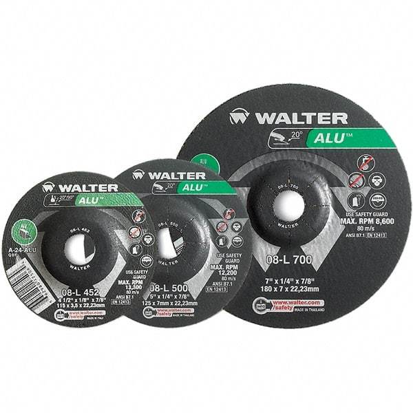 WALTER Surface Technologies - 24 Grit, 9" Wheel Diam, 1/8" Wheel Thickness, Type 27 Depressed Center Wheel - Aluminum Oxide, Resinoid Bond, 6,600 Max RPM - Apex Tool & Supply