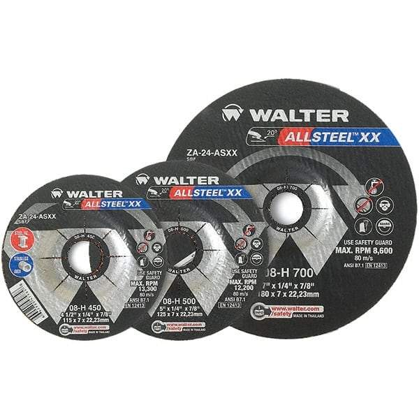 WALTER Surface Technologies - 24 Grit, 4-1/2" Wheel Diam, 1/8" Wheel Thickness, Type 27 Depressed Center Wheel - Aluminum Oxide, Resinoid Bond, 13,300 Max RPM - Apex Tool & Supply