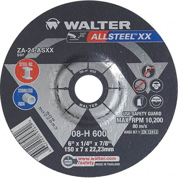 WALTER Surface Technologies - 24 Grit, 6" Wheel Diam, 1/4" Wheel Thickness, 7/8" Arbor Hole, Type 27 Depressed Center Wheel - Aluminum Oxide, Resinoid Bond, 10,200 Max RPM - Apex Tool & Supply
