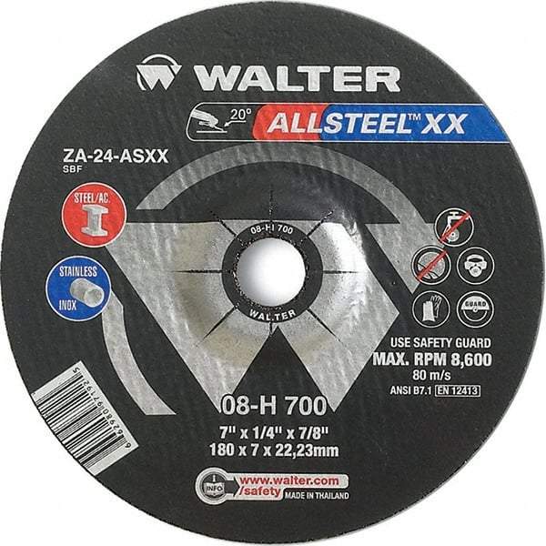 WALTER Surface Technologies - 24 Grit, 7" Wheel Diam, 1/8" Wheel Thickness, 7/8" Arbor Hole, Type 27 Depressed Center Wheel - Aluminum Oxide, Resinoid Bond, 8,600 Max RPM - Apex Tool & Supply
