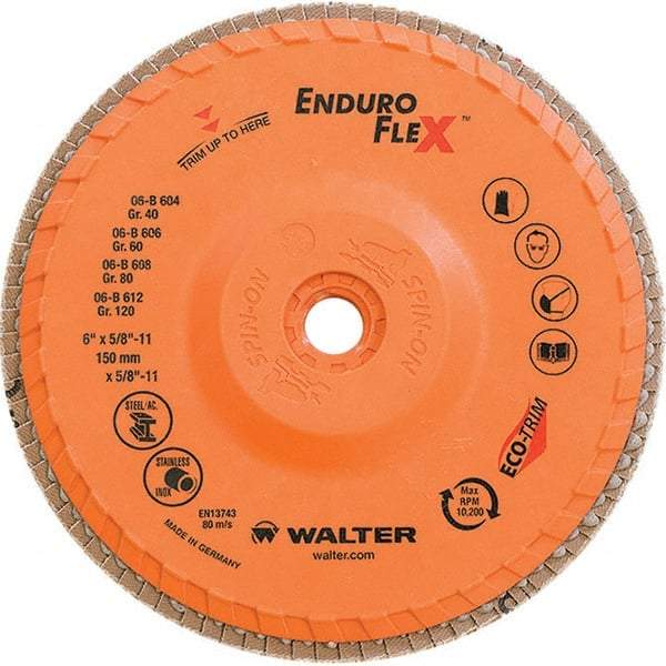 WALTER Surface Technologies - 80 Grit, 6" Disc Diam, 5/8-11 Center Hole, Type 28 Ceramic Flap Disc - 10,200 Max RPM, Plastic Backing, Arbor Attaching System, Coated - Apex Tool & Supply