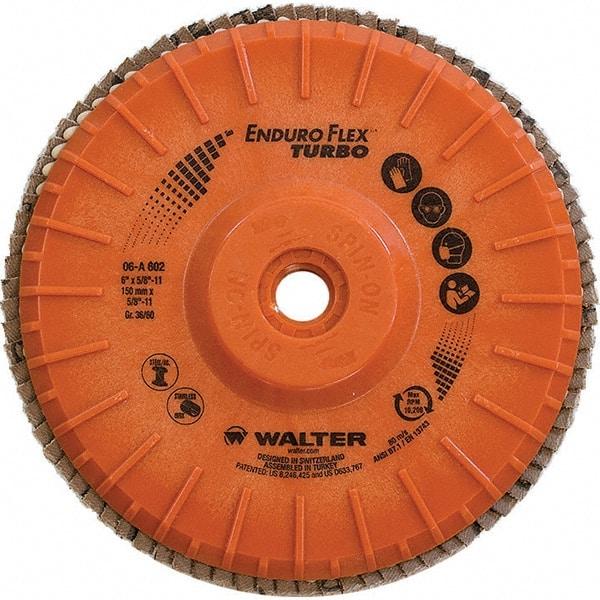 WALTER Surface Technologies - 36 & 60 Grit, 6" Disc Diam, 5/8-11 Center Hole, Type 28 Ceramic Flap Disc - 10,200 Max RPM, Plastic Backing, Arbor Attaching System, Coated - Apex Tool & Supply