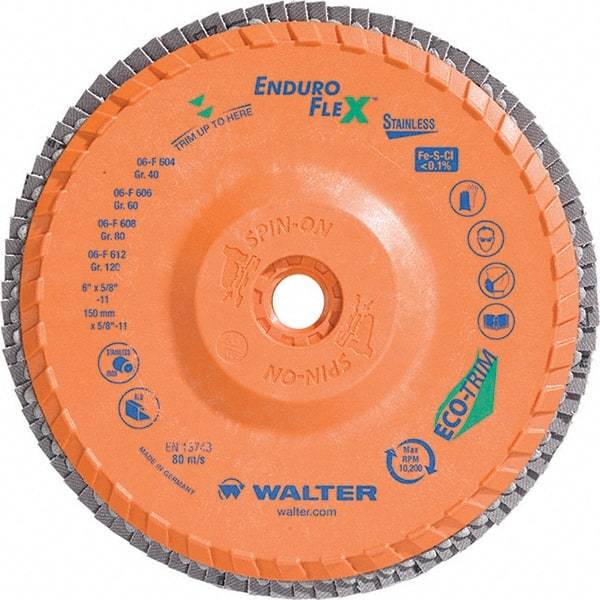 WALTER Surface Technologies - 40 Grit, 6" Disc Diam, 5/8-11 Center Hole, Type 28 Ceramic Flap Disc - 10,200 Max RPM, Plastic Backing, Arbor Attaching System, Coated - Apex Tool & Supply
