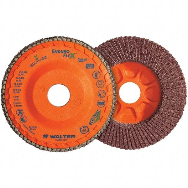 WALTER Surface Technologies - 120 Grit, 6" Disc Diam, 5/8-11 Center Hole, Type 28 Ceramic Flap Disc - 10,200 Max RPM, Plastic Backing, Arbor Attaching System, Coated - Apex Tool & Supply