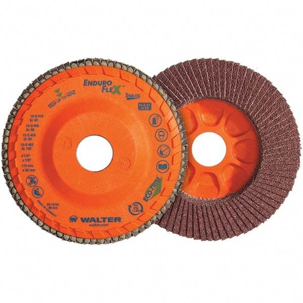 WALTER Surface Technologies - 80 Grit, 5" Disc Diam, 7/8" Center Hole, Type 28 Ceramic Flap Disc - 12,200 Max RPM, Plastic Backing, Arbor Attaching System, Coated - Apex Tool & Supply