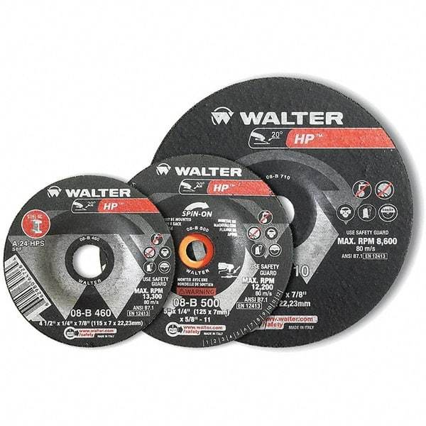 WALTER Surface Technologies - 24 Grit, 3" Wheel Diam, 1/8" Wheel Thickness, 3/8" Arbor Hole, Type 27 Depressed Center Wheel - Aluminum Oxide, Resinoid Bond, 20,000 Max RPM - Apex Tool & Supply