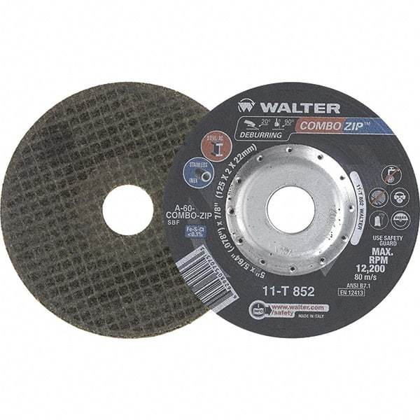 WALTER Surface Technologies - 60 Grit, 5" Wheel Diam, 5/64" Wheel Thickness, 7/8" Arbor Hole, Type 27 Depressed Center Wheel - 12,200 Max RPM - Apex Tool & Supply