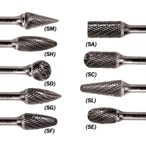 WALTER Surface Technologies - 3/8" Cut Diam, 1/4" Shank Diam, Taper Head Double Cut Burr - Carbide, 3/4" LOC - Apex Tool & Supply