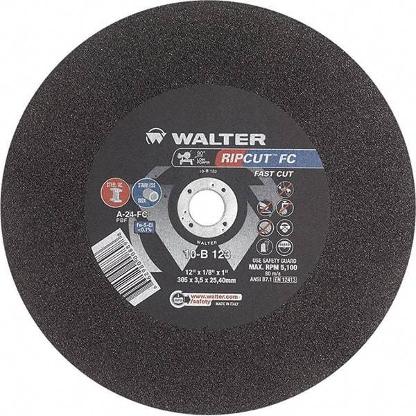 WALTER Surface Technologies - 12" 24 Grit Aluminum Oxide Cutoff Wheel - 1/8" Thick, 1" Arbor, 5,100 Max RPM, Use with Stationary Tools - Apex Tool & Supply