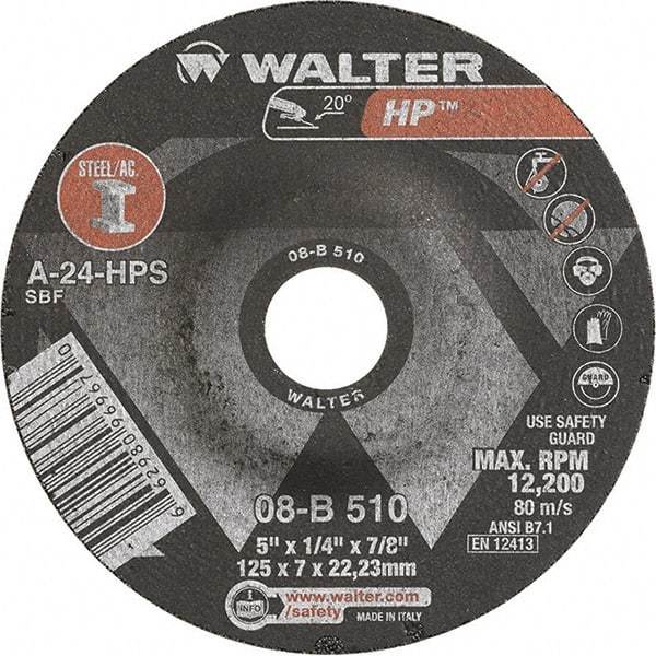 WALTER Surface Technologies - 24 Grit, 5" Wheel Diam, 1/4" Wheel Thickness, 7/8" Arbor Hole, Type 27 Depressed Center Wheel - Aluminum Oxide, Resinoid Bond, 12,200 Max RPM - Apex Tool & Supply