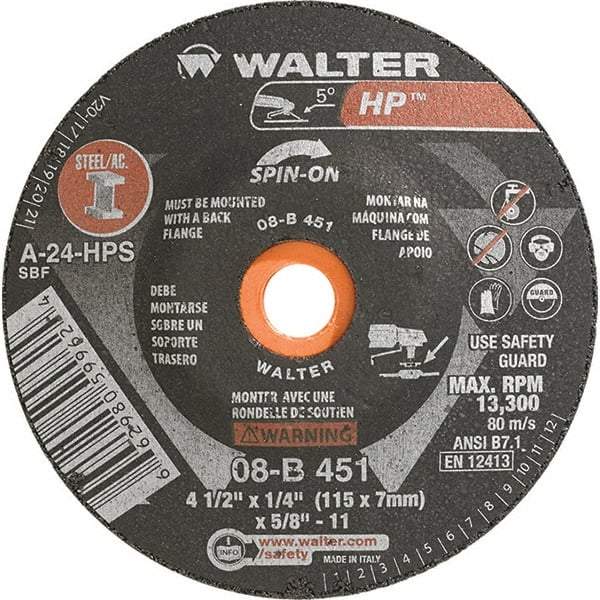 WALTER Surface Technologies - 24 Grit, 4-1/2" Wheel Diam, 1/4" Wheel Thickness, Type 28 Depressed Center Wheel - Aluminum Oxide, Resinoid Bond, 13,300 Max RPM - Apex Tool & Supply