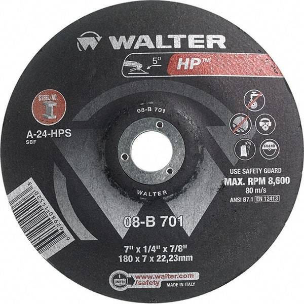 WALTER Surface Technologies - 24 Grit, 7" Wheel Diam, 1/4" Wheel Thickness, 7/8" Arbor Hole, Type 28 Depressed Center Wheel - Aluminum Oxide, Resinoid Bond, 8,600 Max RPM - Apex Tool & Supply