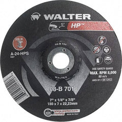 WALTER Surface Technologies - 24 Grit, 7" Wheel Diam, 1/4" Wheel Thickness, 7/8" Arbor Hole, Type 28 Depressed Center Wheel - Aluminum Oxide, Resinoid Bond, 8,600 Max RPM - Apex Tool & Supply