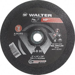 WALTER Surface Technologies - 24 Grit, 9" Wheel Diam, 1/4" Wheel Thickness, 7/8" Arbor Hole, Type 28 Depressed Center Wheel - Aluminum Oxide, Resinoid Bond, 6,600 Max RPM - Apex Tool & Supply