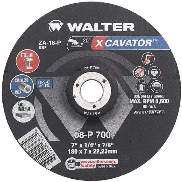 WALTER Surface Technologies - 16 Grit, 4-1/2" Wheel Diam, 1/4" Wheel Thickness, Type 27 Depressed Center Wheel - Aluminum Oxide, Resinoid Bond, 13,300 Max RPM - Apex Tool & Supply