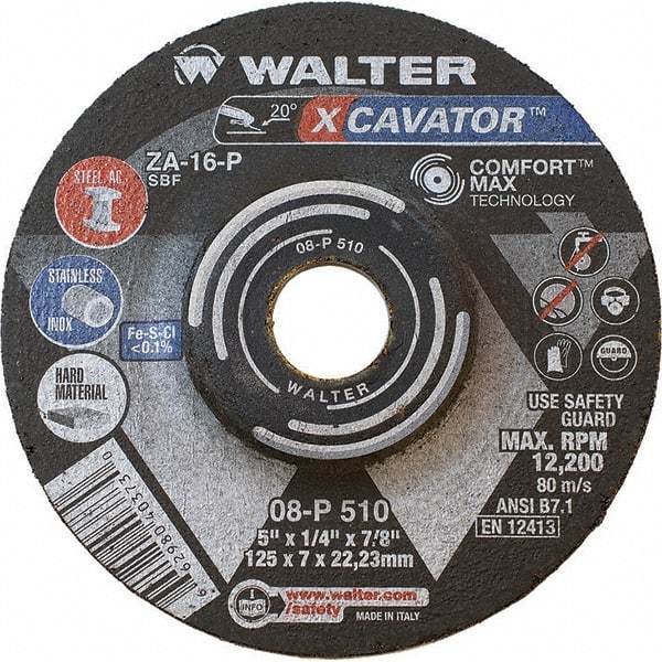 WALTER Surface Technologies - 16 Grit, 5" Wheel Diam, 1/4" Wheel Thickness, 7/8" Arbor Hole, Type 27 Depressed Center Wheel - Aluminum Oxide, Resinoid Bond, 12,200 Max RPM - Apex Tool & Supply
