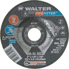 WALTER Surface Technologies - 36 Grit, 5" Wheel Diam, 1/8" Wheel Thickness, 7/8" Arbor Hole, Type 27 Depressed Center Wheel - Aluminum Oxide/Silicon Carbide Blend, Resinoid Bond, 12,200 Max RPM, Compatible with Angle Grinder - Apex Tool & Supply