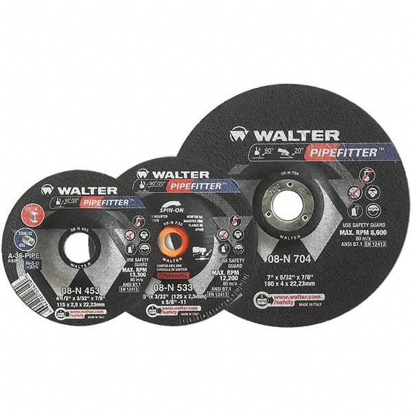 WALTER Surface Technologies - 36 Grit, 4-1/2" Wheel Diam, 5/32" Wheel Thickness, 7/8" Arbor Hole, Type 27 Depressed Center Wheel - Aluminum Oxide/Silicon Carbide Blend, Resinoid Bond, 13,300 Max RPM - Apex Tool & Supply