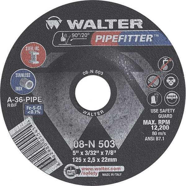 WALTER Surface Technologies - 36 Grit, 5" Wheel Diam, 3/32" Wheel Thickness, 7/8" Arbor Hole, Type 27 Depressed Center Wheel - Aluminum Oxide/Silicon Carbide Blend, Resinoid Bond, 12,200 Max RPM - Apex Tool & Supply