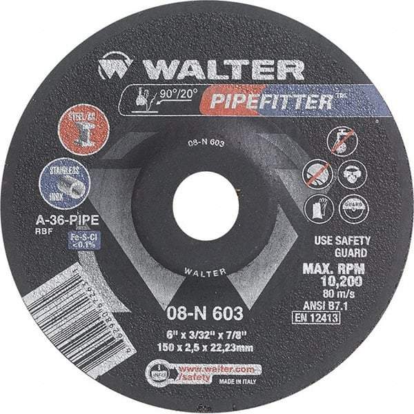 WALTER Surface Technologies - 36 Grit, 6" Wheel Diam, 3/32" Wheel Thickness, 7/8" Arbor Hole, Type 27 Depressed Center Wheel - Aluminum Oxide/Silicon Carbide Blend, Resinoid Bond, 10,200 Max RPM - Apex Tool & Supply