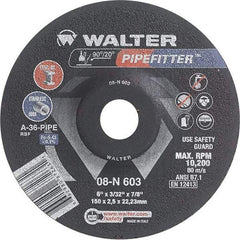 WALTER Surface Technologies - 36 Grit, 6" Wheel Diam, 3/32" Wheel Thickness, 7/8" Arbor Hole, Type 27 Depressed Center Wheel - Aluminum Oxide/Silicon Carbide Blend, Resinoid Bond, 10,200 Max RPM - Apex Tool & Supply