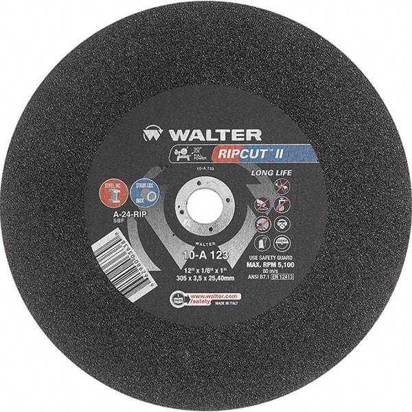 WALTER Surface Technologies - 12" 24 Grit Aluminum Oxide Cutoff Wheel - 1/8" Thick, 1" Arbor, 5,100 Max RPM, Use with Stationary Tools - Apex Tool & Supply