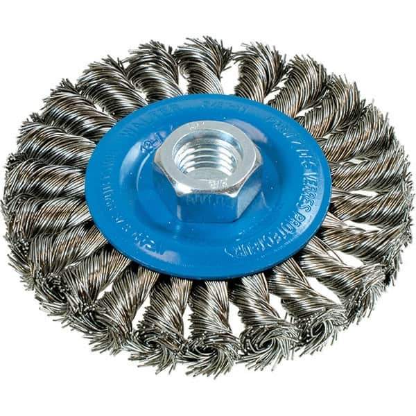 WALTER Surface Technologies - 4" OD, 5/8-11 Arbor Hole, Knotted Stainless Steel Wheel Brush - 3/8" Face Width, 0.02" Filament Diam, 20,000 RPM - Apex Tool & Supply
