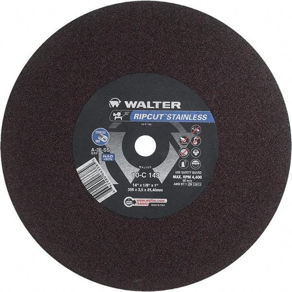 WALTER Surface Technologies - 14" 36 Grit Aluminum Oxide Cutoff Wheel - 1/8" Thick, 1" Arbor, 4,400 Max RPM, Use with Stationary Tools - Apex Tool & Supply