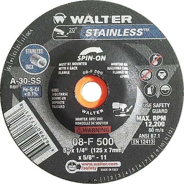 WALTER Surface Technologies - 30 Grit, 5" Wheel Diam, 1/4" Wheel Thickness, Type 27 Depressed Center Wheel - Aluminum Oxide, Resinoid Bond, 12,200 Max RPM - Apex Tool & Supply
