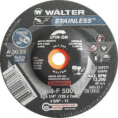 WALTER Surface Technologies - 30 Grit, 5" Wheel Diam, 1/4" Wheel Thickness, Type 27 Depressed Center Wheel - Aluminum Oxide, Resinoid Bond, 12,200 Max RPM - Apex Tool & Supply