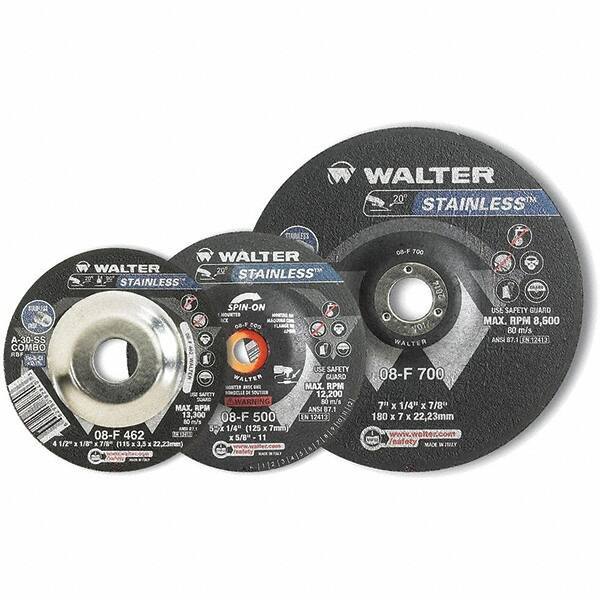 WALTER Surface Technologies - 30 Grit, 4-1/2" Wheel Diam, 1/8" Wheel Thickness, Type 27 Depressed Center Wheel - Aluminum Oxide, Resinoid Bond, 13,300 Max RPM - Apex Tool & Supply