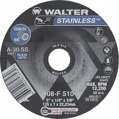 WALTER Surface Technologies - 30 Grit, 5" Wheel Diam, 1/4" Wheel Thickness, 7/8" Arbor Hole, Type 27 Depressed Center Wheel - Aluminum Oxide, Resinoid Bond, 12,200 Max RPM - Apex Tool & Supply