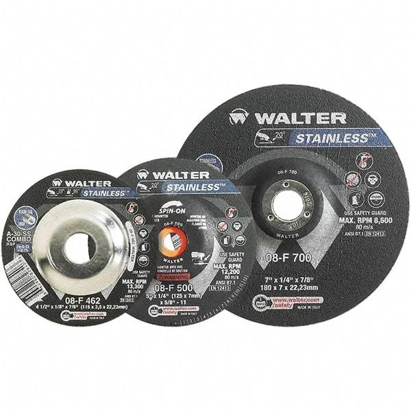 WALTER Surface Technologies - 30 Grit, 6" Wheel Diam, 1/8" Wheel Thickness, 7/8" Arbor Hole, Type 27 Depressed Center Wheel - Aluminum Oxide, Resinoid Bond, 10,200 Max RPM - Apex Tool & Supply