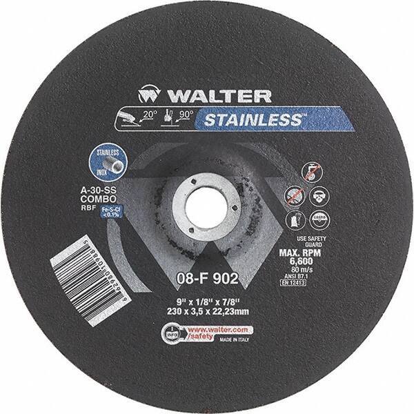 WALTER Surface Technologies - 30 Grit, 9" Wheel Diam, 1/8" Wheel Thickness, 7/8" Arbor Hole, Type 27 Depressed Center Wheel - Aluminum Oxide, Resinoid Bond, 6,600 Max RPM - Apex Tool & Supply