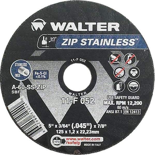 WALTER Surface Technologies - 5" 60 Grit Aluminum Oxide/Silicon Carbide Blend Cutoff Wheel - 3/64" Thick, 7/8" Arbor, 12,200 Max RPM, Use with Angle Grinders - Apex Tool & Supply