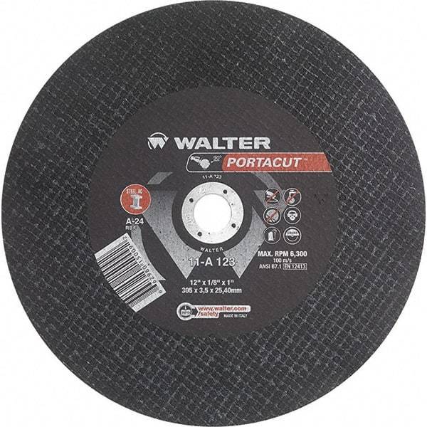 WALTER Surface Technologies - 12" 24 Grit Aluminum Oxide Cutoff Wheel - 1/8" Thick, 1" Arbor, 6,300 Max RPM, Use with Electric & Gas Powered Saws - Apex Tool & Supply