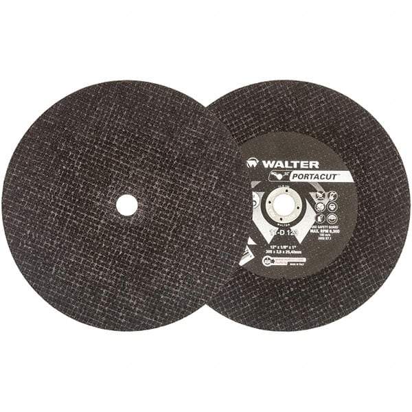 WALTER Surface Technologies - 12" 24 Grit Aluminum Oxide Cutoff Wheel - 1/8" Thick, 1" Arbor, 6,300 Max RPM, Use with Electric & Gas Powered Saws - Apex Tool & Supply