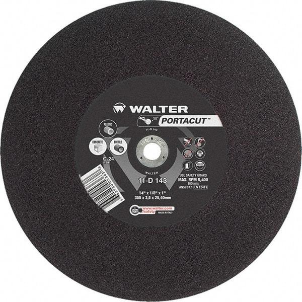 WALTER Surface Technologies - 14" 24 Grit Aluminum Oxide Cutoff Wheel - 1/8" Thick, 1" Arbor, 5,400 Max RPM, Use with Electric & Gas Powered Saws - Apex Tool & Supply
